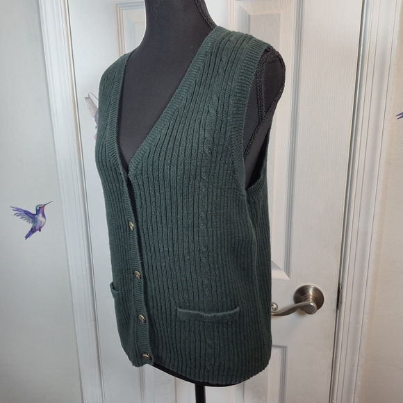 Sag Harbor Vintage Dark Green Ribbed Cable Knit Button Front Vest Medium - Picture 3 of 5